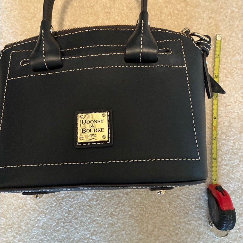 Mini Dooney & Bourke Black Leather Crossbody Satchel with White Stitching - Picture 2 of 4